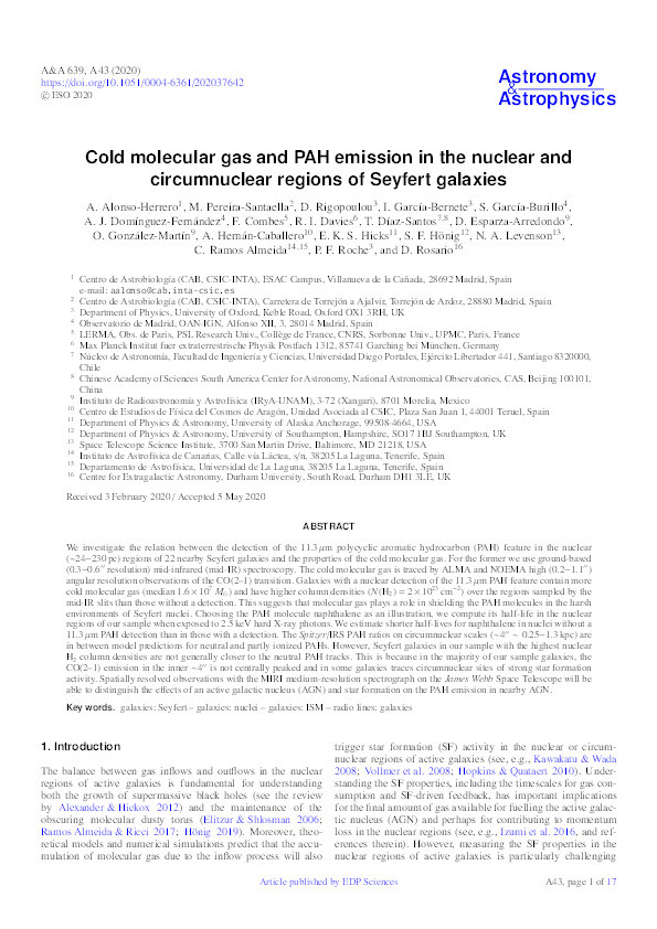 Cold molecular gas and PAH emission in the nuclear and circumnuclear regions of Seyfert galaxies Thumbnail