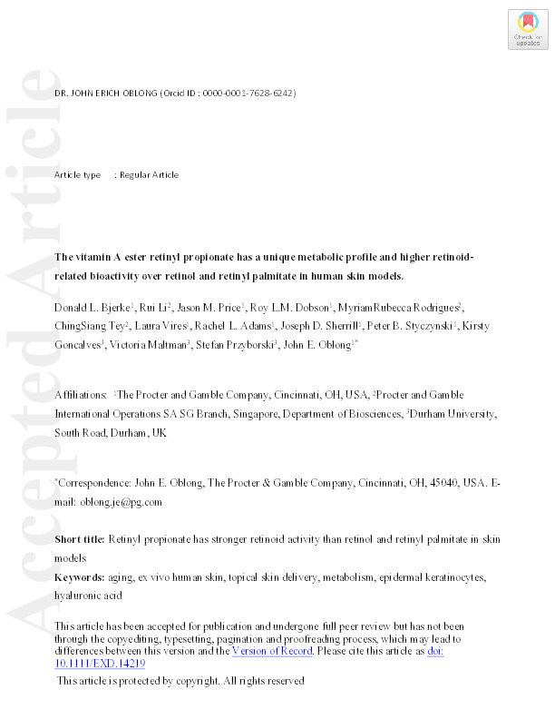 The vitamin A ester retinyl propionate has a unique metabolic profile and higher retinoid‐related bioactivity over retinol and retinyl palmitate in human skin models Thumbnail