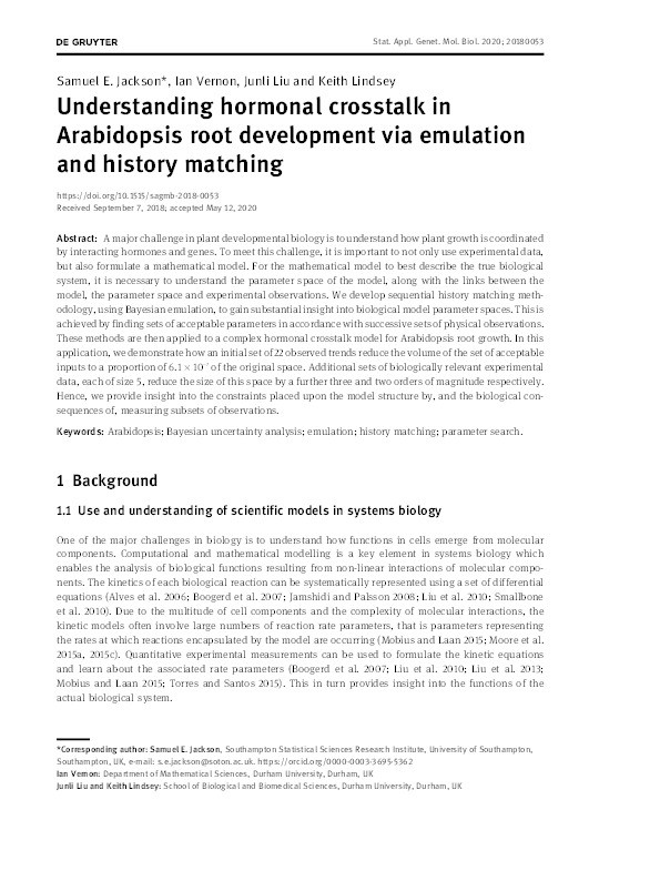 Understanding hormonal crosstalk in Arabidopsis root development via emulation and history matching Thumbnail