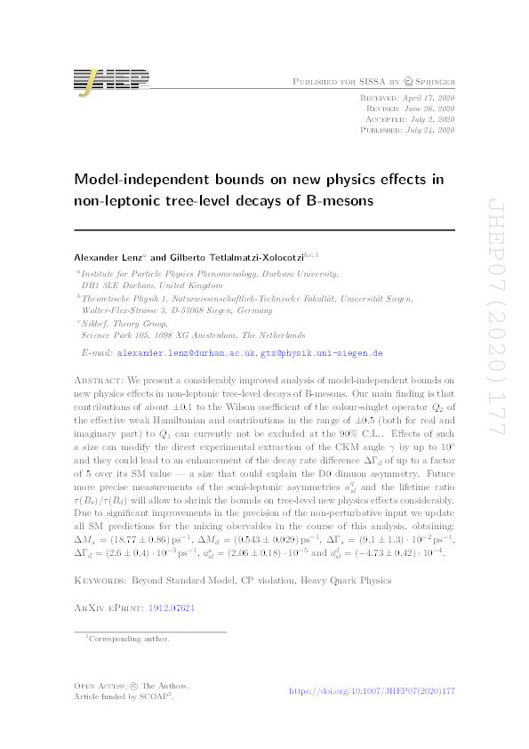 Model-independent bounds on new physics effects in non-leptonic tree-level decays of B-mesons Thumbnail