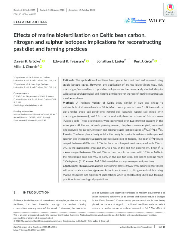 Effects of marine biofertilisation on Celtic bean carbon, nitrogen and sulphur isotopes: implications for reconstructing past diet and farming practices Thumbnail