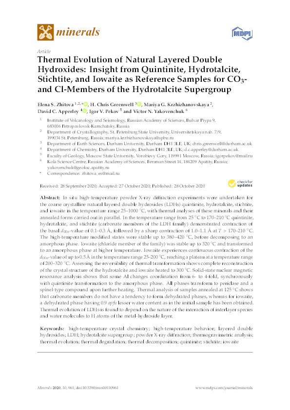 Thermal Evolution of Natural Layered Double Hydroxides: Insight from Quintinite, Hydrotalcite, Stichtite, and Iowaite as Reference Samples for CO3- and Cl-Members of the Hydrotalcite Supergroup Thumbnail
