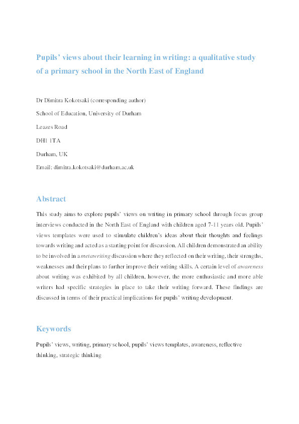 Pupils' views about their learning in writing: a qualitative study of a primary school in the North East of England Thumbnail