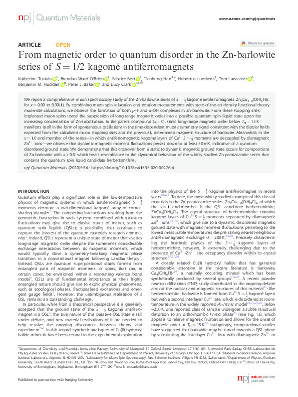 From magnetic order to quantum disorder in the Zn-barlowite series of S = 1/2 kagomé antiferromagnets Thumbnail