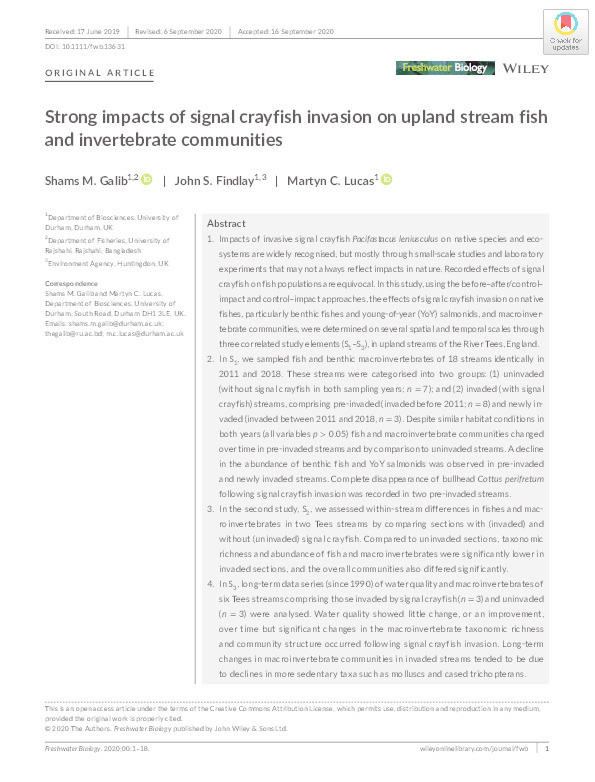 Strong impacts of signal crayfish invasion on upland stream fish and invertebrate communities Thumbnail
