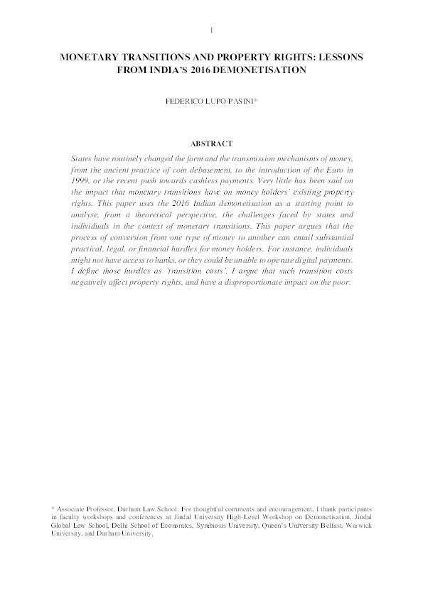 Monetary Transitions and Property Rights: Lessons from India's 2016 Demonetisation Thumbnail