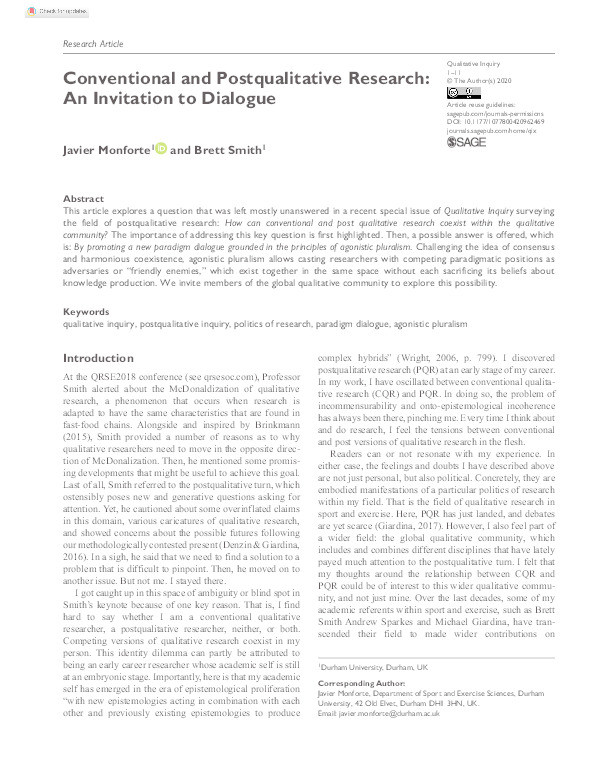 Conventional and Postqualitative Research: An Invitation to Dialogue Thumbnail