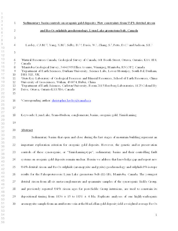 Sedimentary basin controls on orogenic gold deposits: New constraints from U-Pb detrital zircon and Re-Os sulphide geochronology, Lynn Lake greenstone belt, Canada Thumbnail