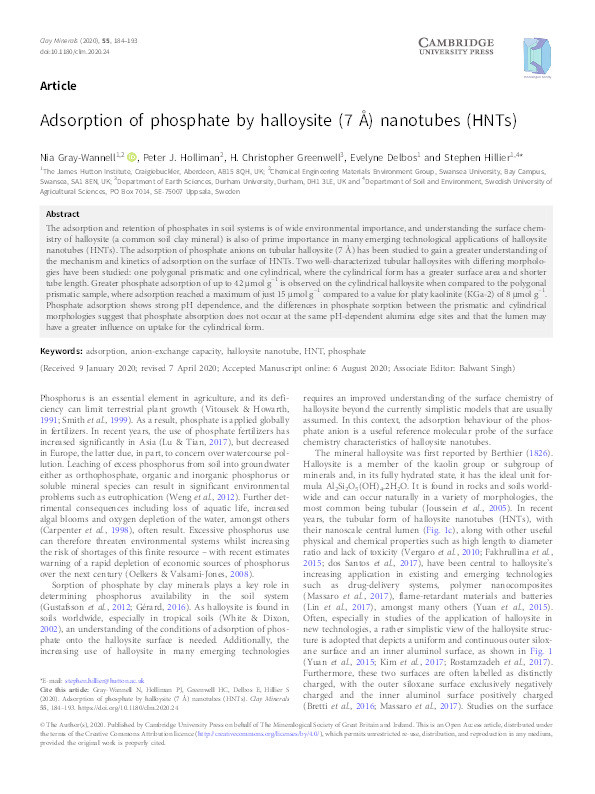 Adsorption of phosphate by halloysite (7Å) nanotubes (HNTs) Thumbnail