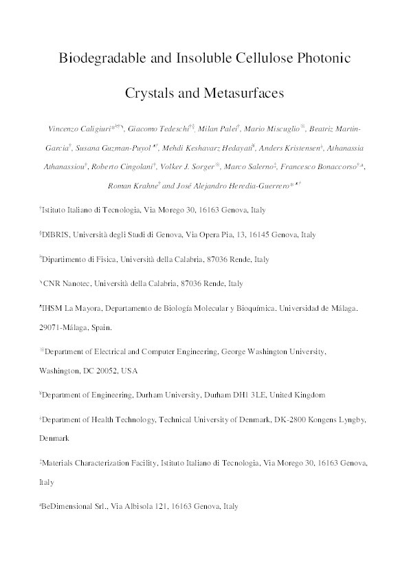 Biodegradable and Insoluble Cellulose Photonic Crystals and Metasurfaces Thumbnail