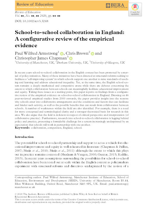 School-to-school collaboration in England: A configurative review of the empirical evidence Thumbnail
