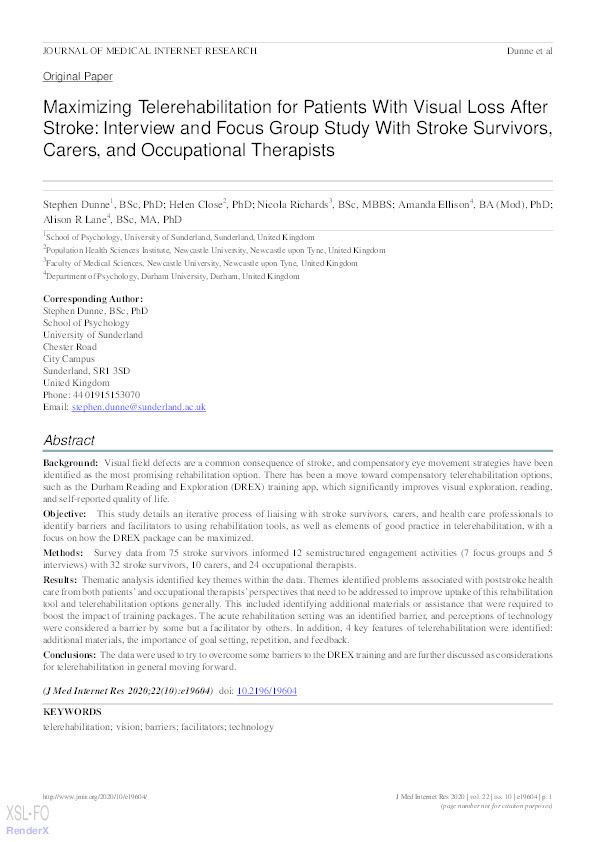 Maximizing Telerehabilitation for Patients With Visual Loss After Stroke: Interview and Focus Group Study With Stroke Survivors, Carers, and Occupational Therapists Thumbnail