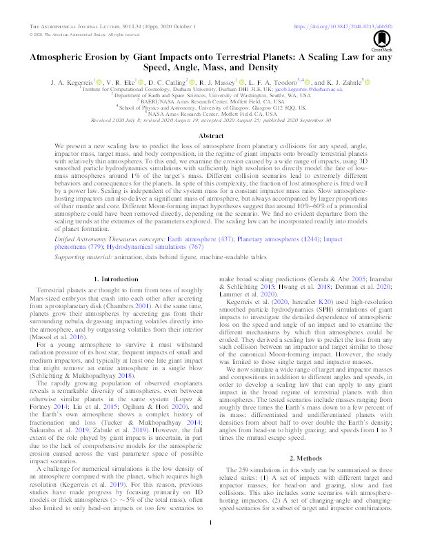 Atmospheric Erosion by Giant Impacts onto Terrestrial Planets: A Scaling Law for any Speed, Angle, Mass, and Density Thumbnail