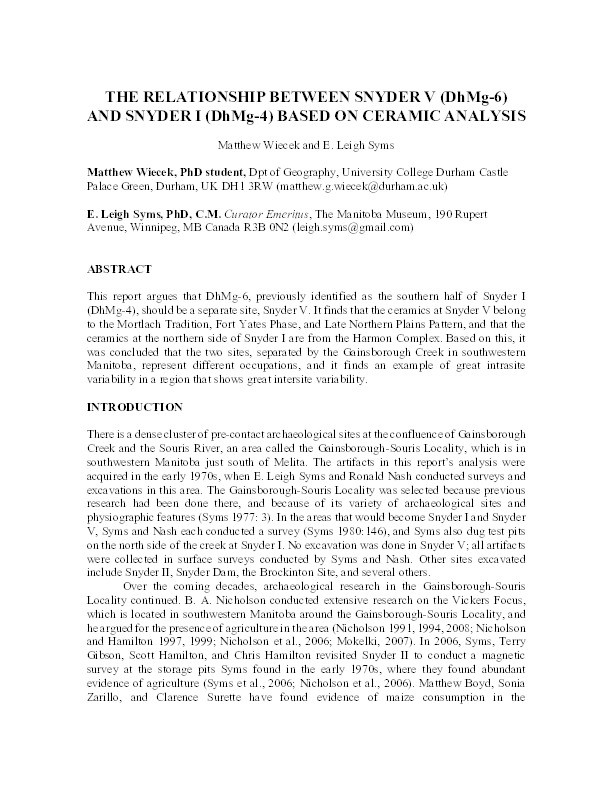 Culture Contact and Diversity at a Site of the Northeastern Plains: An analysis of the ceramics and lithics at Snyder V (DhMg-6) in southwestern Manitoba Thumbnail