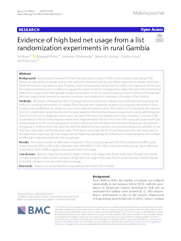 Evidence of high bed net usage from a list randomization experiments in rural Gambia Thumbnail