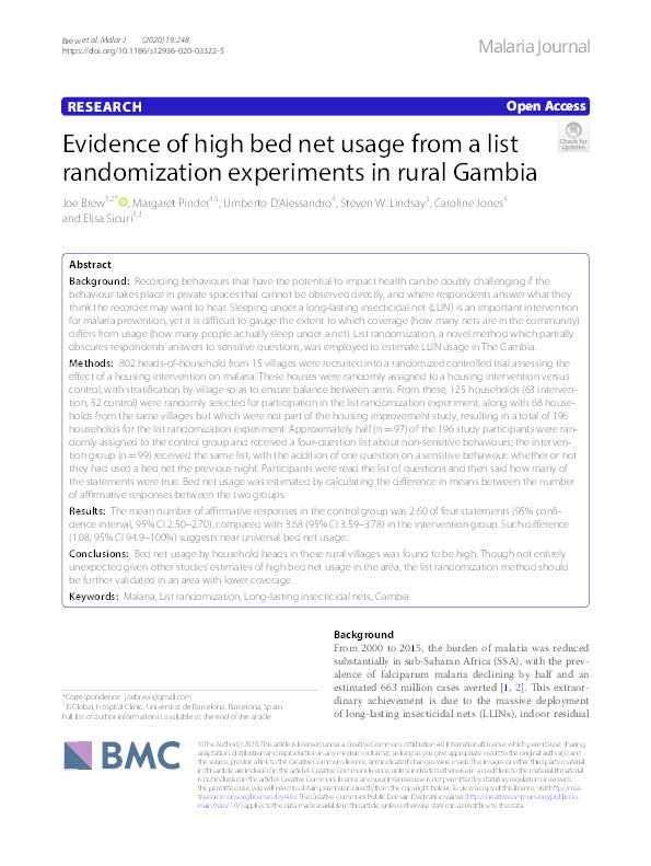 Evidence of high bed net usage from a list randomization experiments in rural Gambia Thumbnail