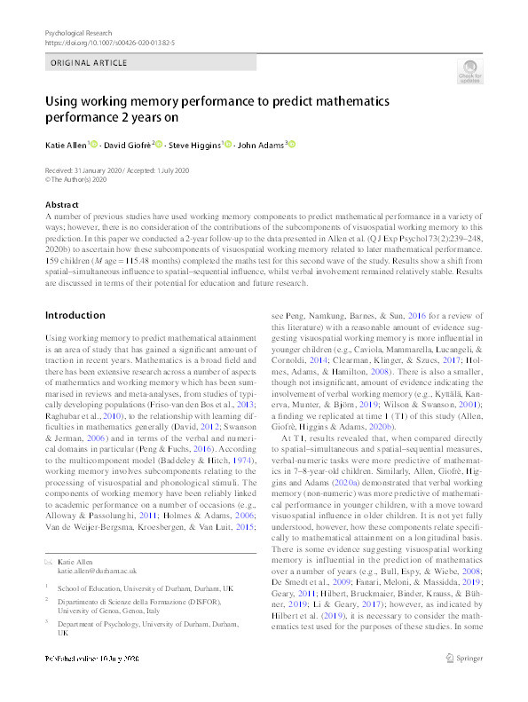 Using working memory performance to predict mathematics performance 2 years on Thumbnail