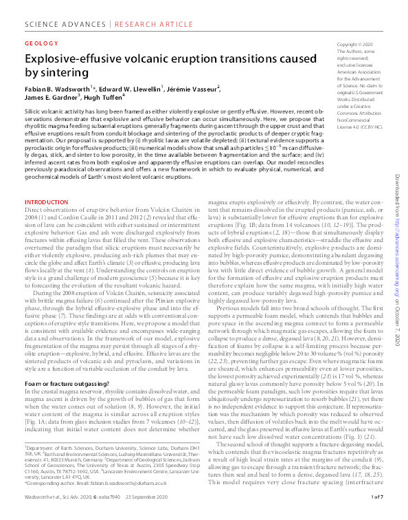 Explosive-effusive volcanic eruption transitions caused by sintering Thumbnail