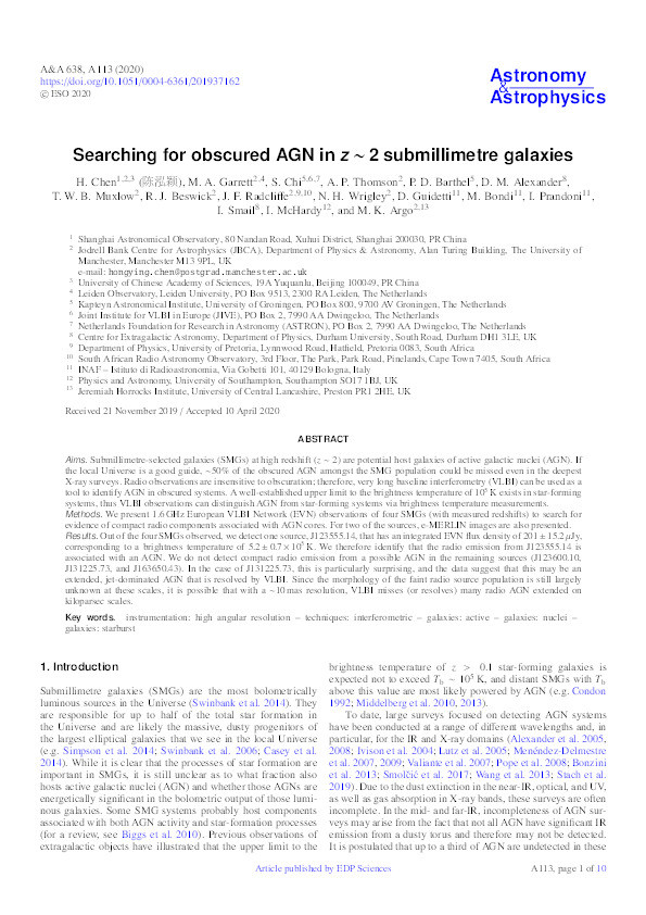 Searching for obscured AGN in z ∼ 2 submillimetre galaxies Thumbnail