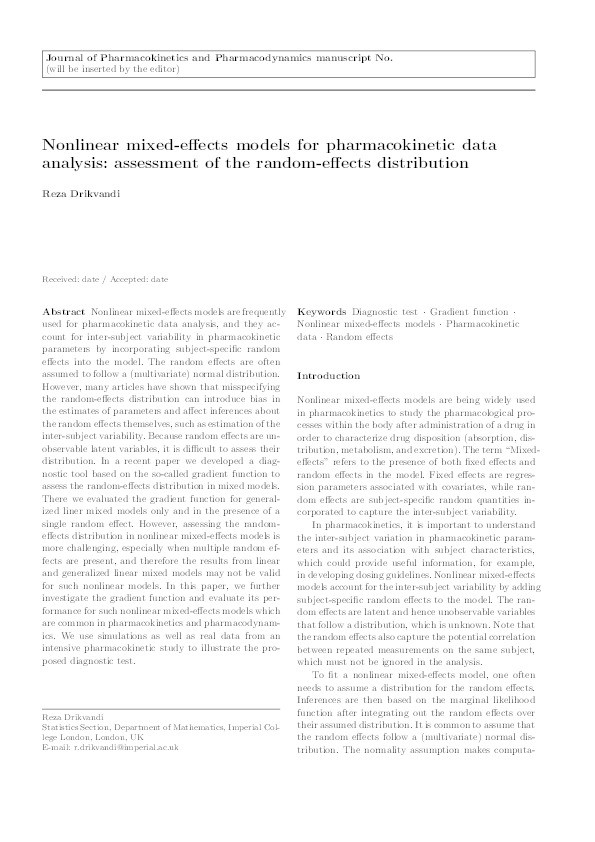 Nonlinear mixed-effects models for pharmacokinetic data analysis: assessment of the random-effects distribution Thumbnail