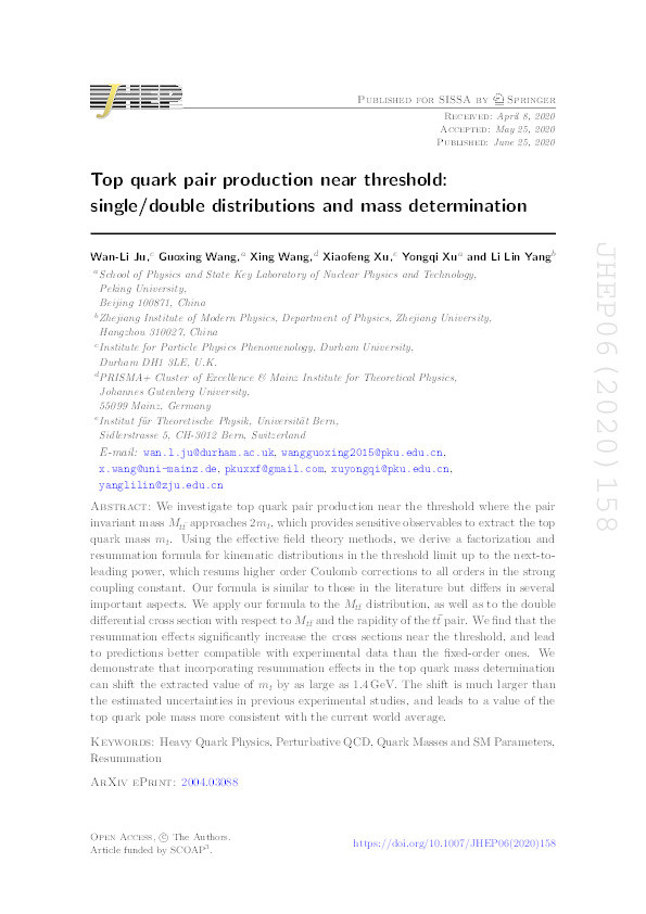 Top quark pair production near threshold: single/double distributions and mass determination Thumbnail