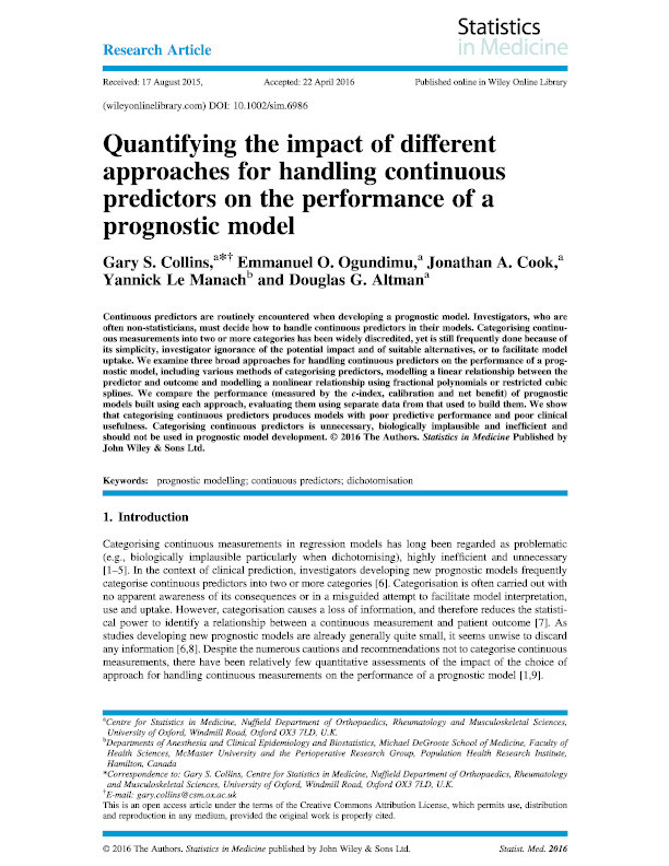 Quantifying the impact of different approaches for handling continuous predictors on the performance of a prognostic model Thumbnail