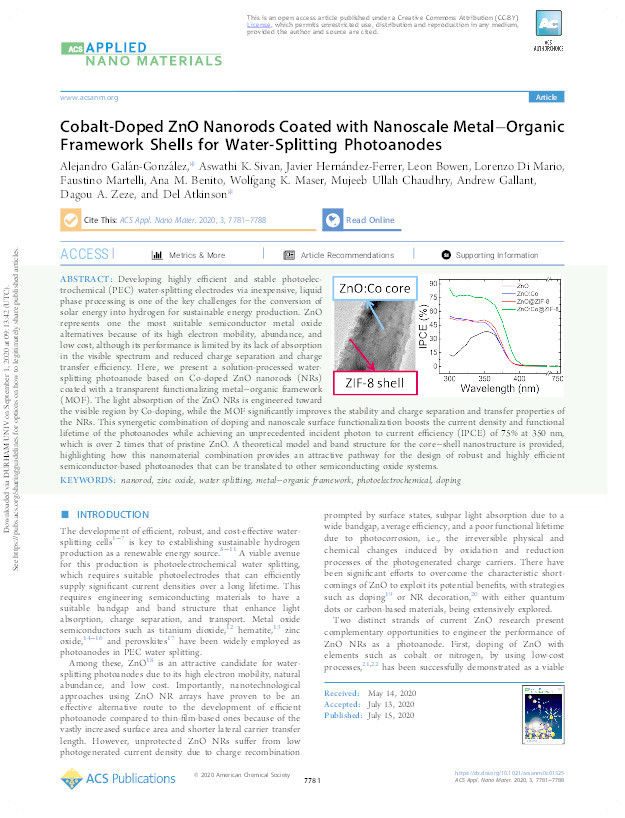 Cobalt-Doped ZnO Nanorods Coated with Nanoscale Metal-Organic Framework Shells for Water-Splitting Photoanodes Thumbnail