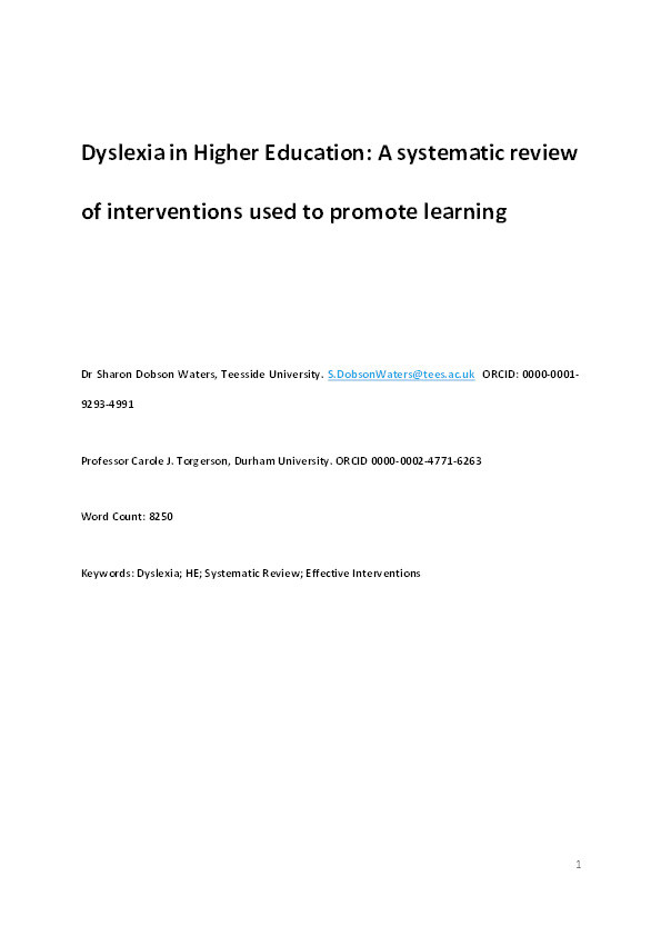 Dyslexia in higher education: a systematic review of interventions used to promote learning Thumbnail