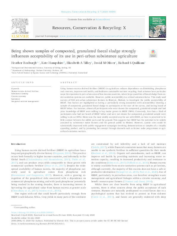 Being shown samples of composted, granulated faecal sludge strongly influences acceptability of its use in peri-urban subsistence agriculture Thumbnail