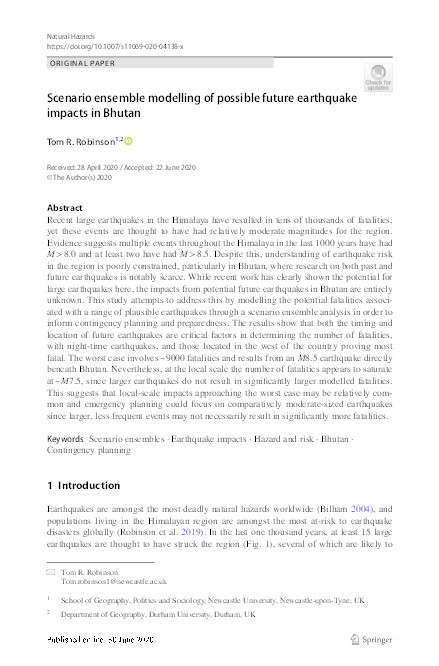 Scenario ensemble modelling of possible future earthquake impacts in Bhutan Thumbnail