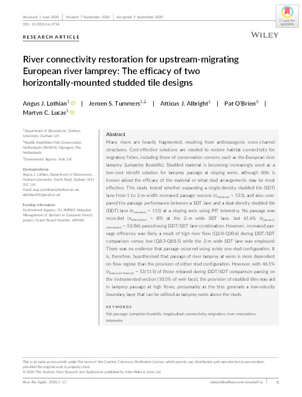 River connectivity restoration for upstream‐migrating European river lamprey: The efficacy of two horizontally‐mounted studded tile designs Thumbnail