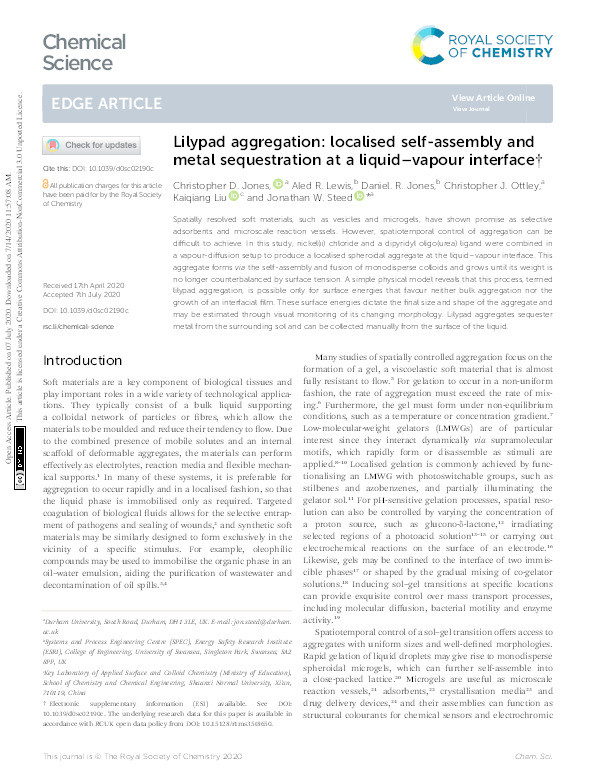 Lilypad aggregation: localised self-assembly and metal sequestration at a liquid-vapour interface Thumbnail