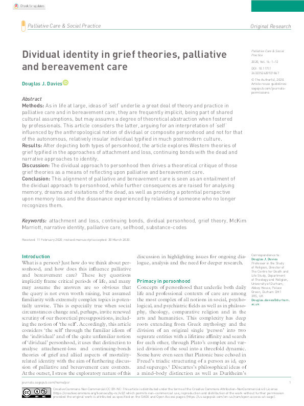 Dividual identity in grief theories, palliative and bereavement care Thumbnail