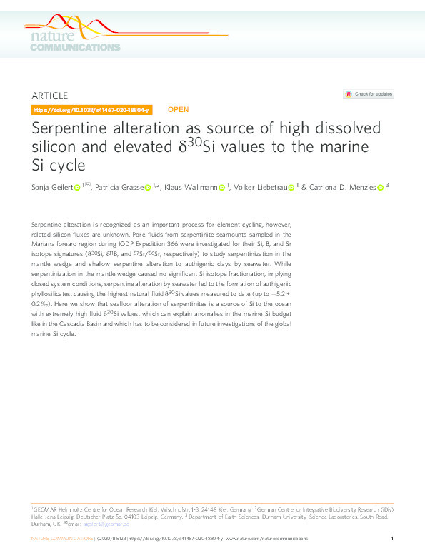 Serpentine alteration as source of high dissolved silicon and elevated δ 30 5 Si 6 values to the marine Si cycle Thumbnail