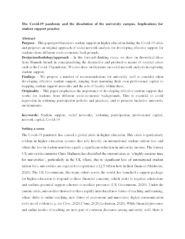 The Covid-19 pandemic and the dissolution of the university campus: implications for student support practice Thumbnail