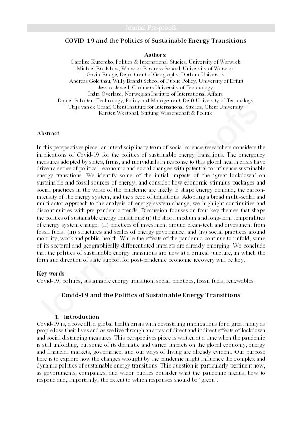 Covid-19 and the Politics of Sustainable Energy Transitions Thumbnail
