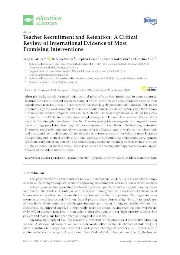 Teacher recruitment and retention: A critical review of international evidence of most promising interventions Thumbnail