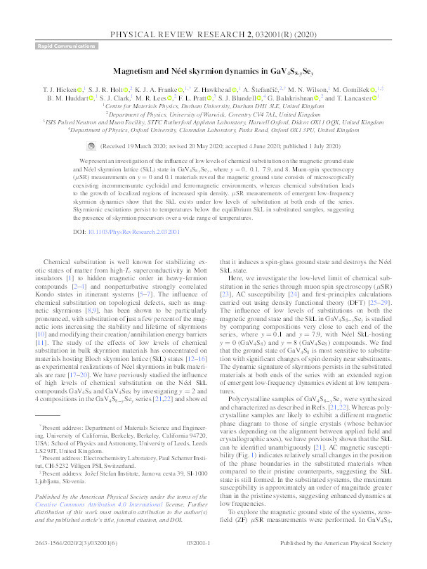 Magnetism and Néel skyrmion dynamics in GaV4S8−ySey Thumbnail
