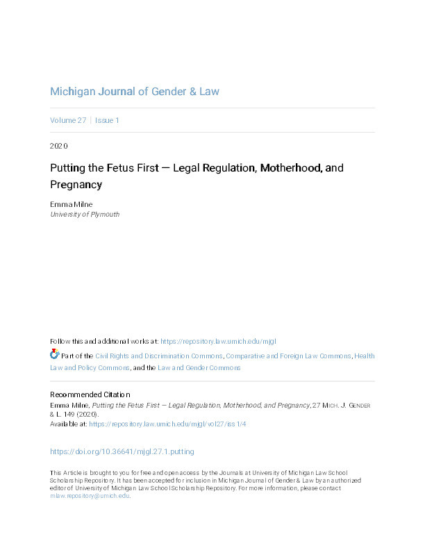 Putting the Fetus First — Legal Regulation, Motherhood, and Pregnancy Thumbnail