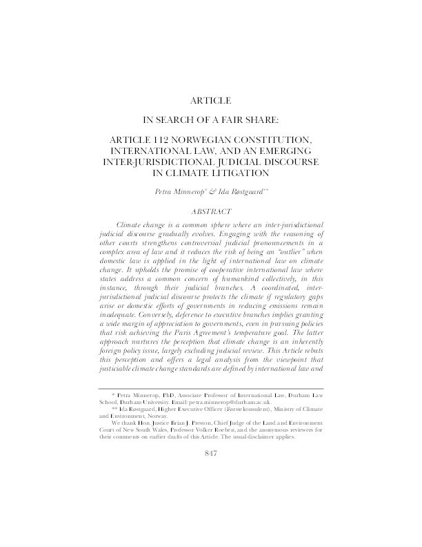 In Search of a Fair Share: Article 112 Norwegian Constitution, International Law and an Emerging Inter-Jurisdictional Discourse in Climate Litigation Thumbnail