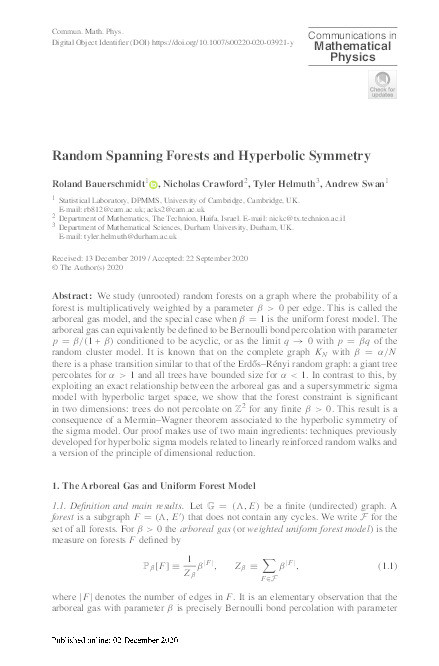 Random spanning forests and hyperbolic symmetry Thumbnail