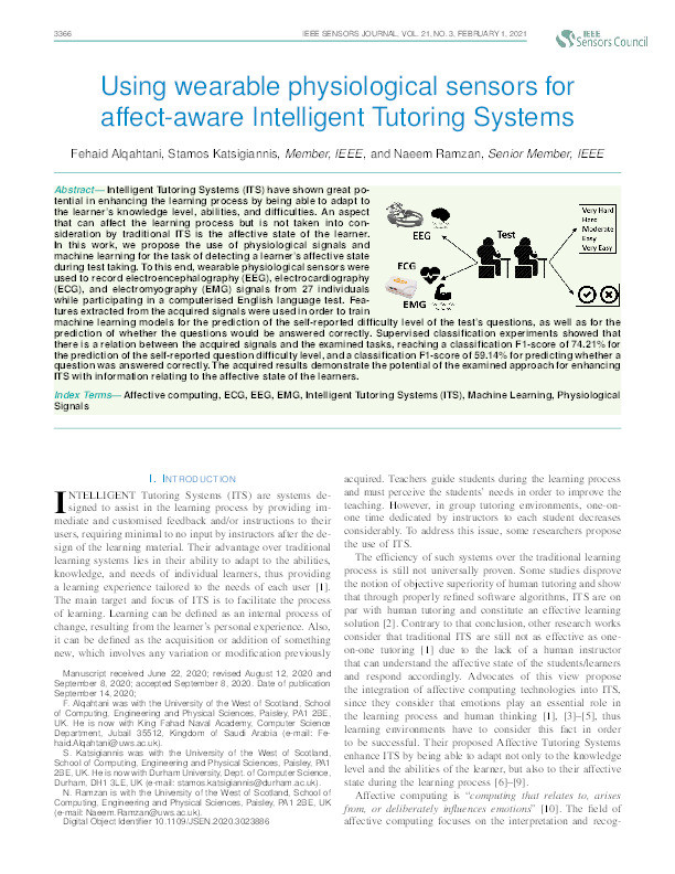 Using wearable physiological sensors for affect-aware Intelligent Tutoring Systems Thumbnail