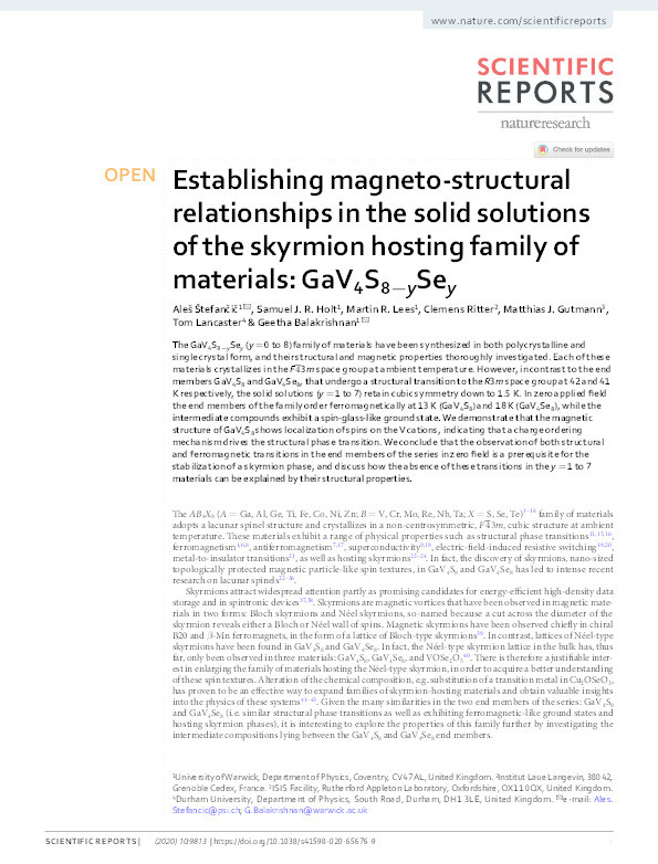 Establishing magneto-structural relationships in the solid solutions of the skyrmion hosting family of materials: GaV4S8−ySey Thumbnail