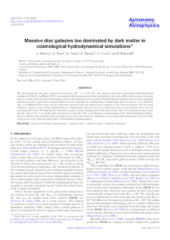 Massive disc galaxies too dominated by dark matter in cosmological hydrodynamical simulations Thumbnail