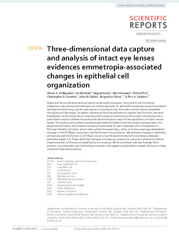 Three-dimensional data capture and analysis of intact eye lenses evidences emmetropia-associated changes and strain-dependent differences in epithelial cell organization Thumbnail
