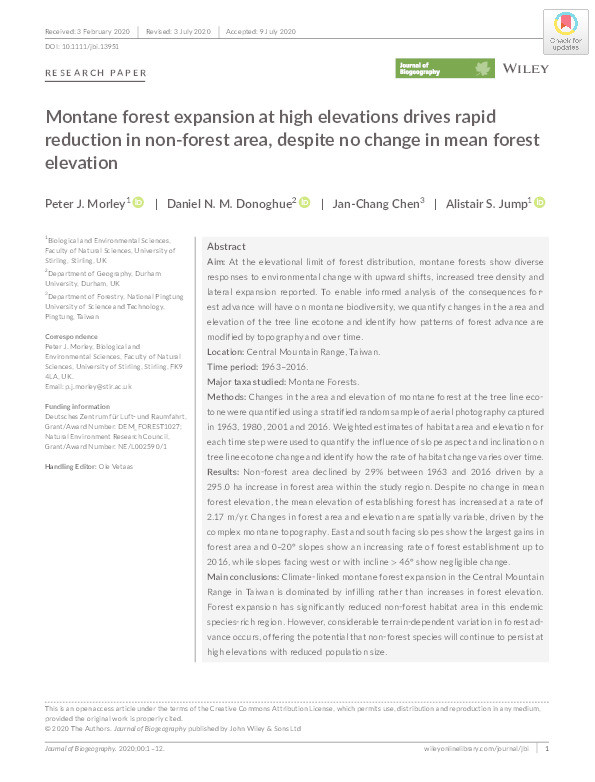 Montane forest expansion at high elevations drives rapid reduction in non‐forest area, despite no change in mean forest elevation Thumbnail