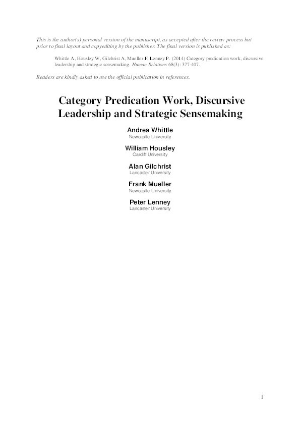 Category predication work, discursive leadership and strategic sensemaking Thumbnail