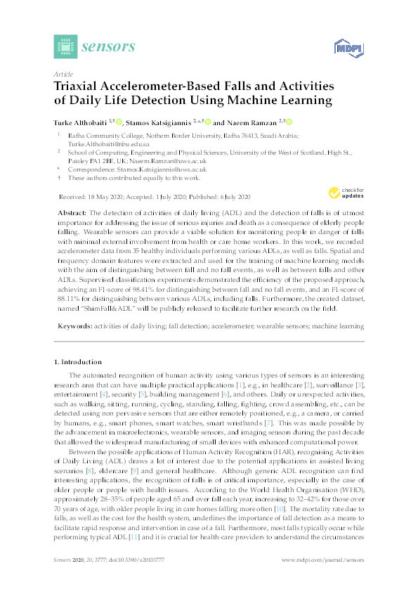 Triaxial Accelerometer-Based Falls and Activities of Daily Life Detection Using Machine Learning Thumbnail