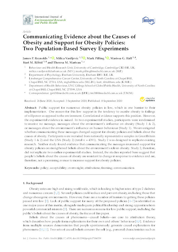 Communicating evidence about the causes of obesity and support for obesity policies: Two population-based survey experiments Thumbnail