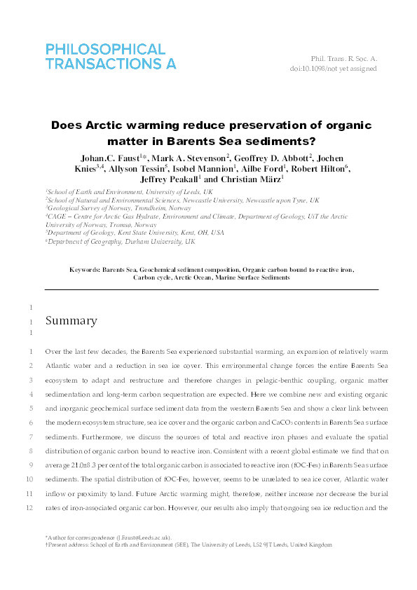 Does Arctic warming reduce preservation of organic matter in Barents Sea sediments? Thumbnail